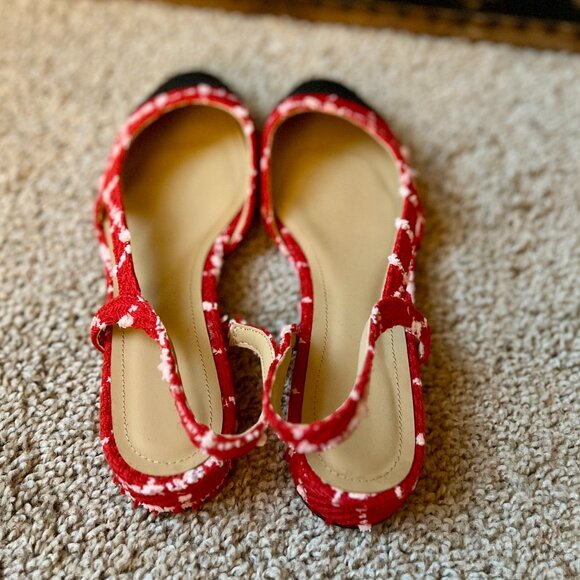 Anthropologie Red Tweed Slingback Flats, Black Cap Toe - Chanel Style - Picture 3 of 5